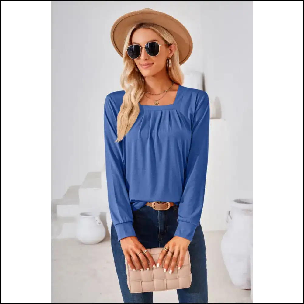 Chic Square Neck Ruched Long Sleeve Blouse - Royal Blue / 2xl - Blouses