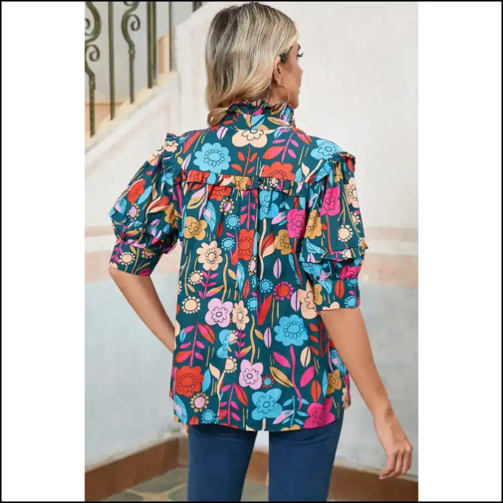Groovy Green Goddess Floral Print Puff Sleeve Power 🌼 Needful Things - Blouses