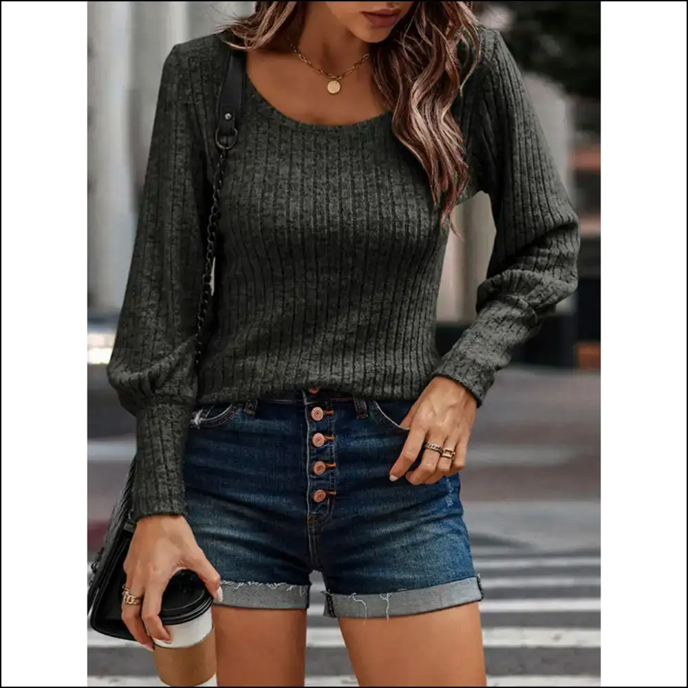 Glamorous Shiny Ribbed Round Neck Blouse - Blouses