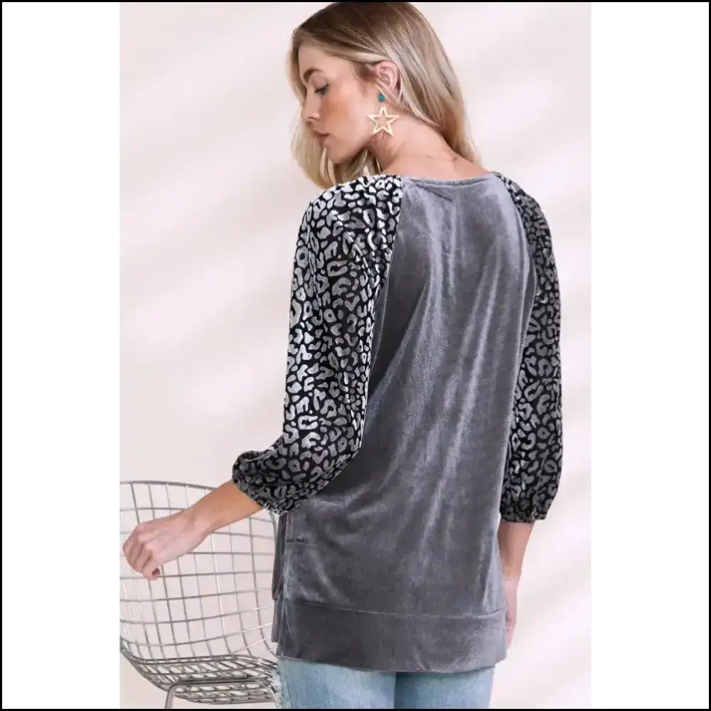 Grey Leopard Velvet Blouse Splicing Shenanigans - Blouses