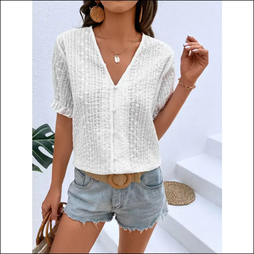 Chic Honey Buttoned V-neck Flounce Sleeve Top - Blouses