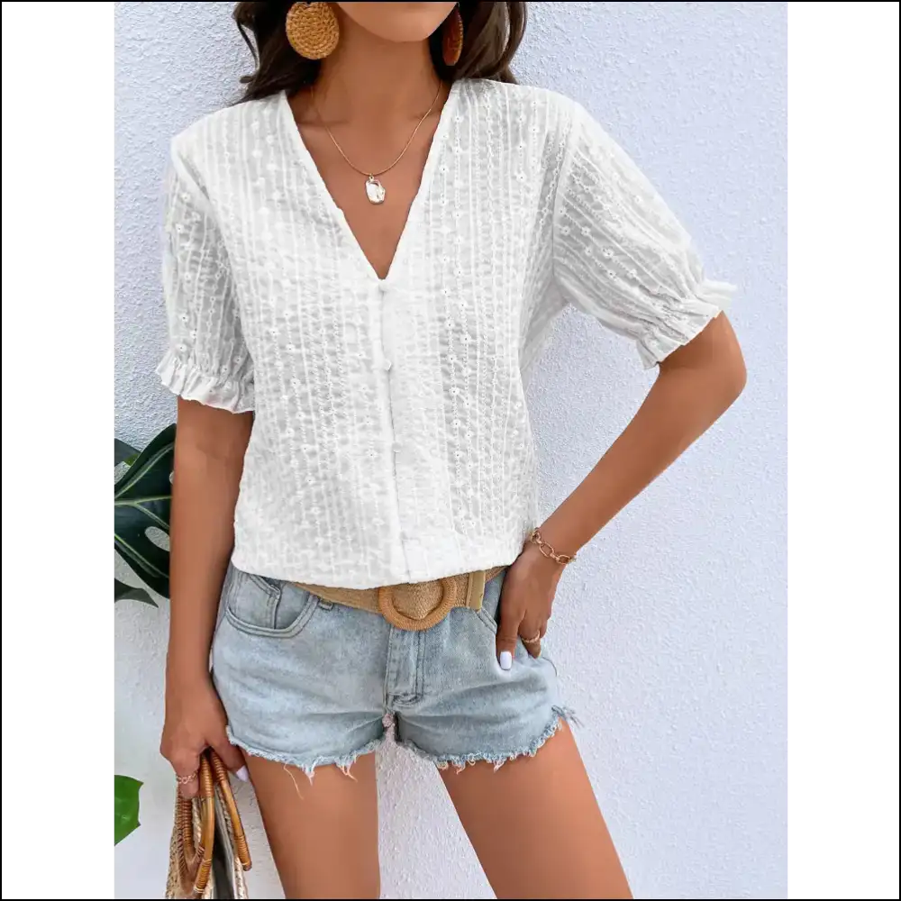 Chic Honey Buttoned V-neck Flounce Sleeve Top - Blouses