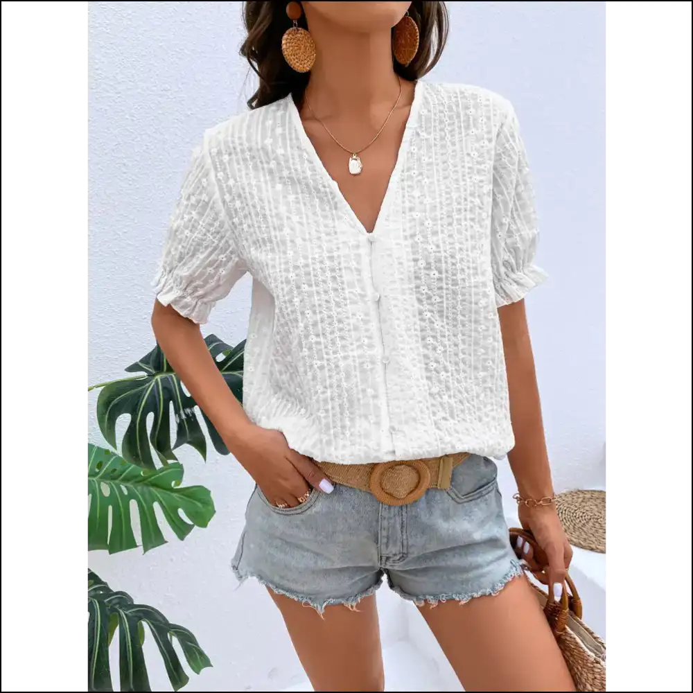 Chic Honey Buttoned V-neck Flounce Sleeve Top - White / Xl - Blouses