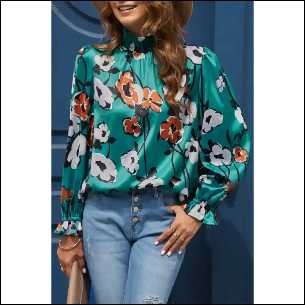Floral Print Silk Blouse: Mock Neck Majesty👑 - Green / s - Blouses