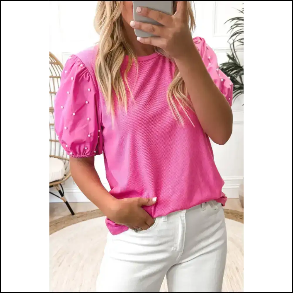 Pink Pearl Beaded Puff Sleeve you Need - Bright / s - Blouses