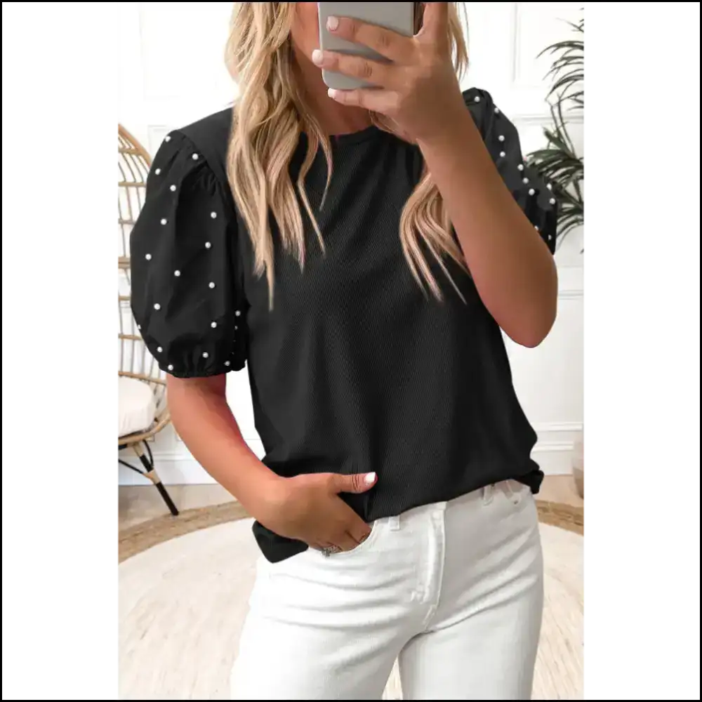 Pink Pearl Beaded Puff Sleeve you Need - Black / s - Blouses