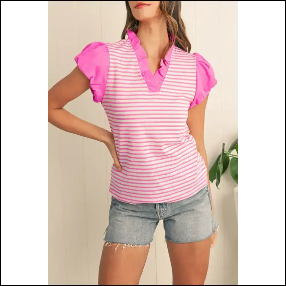Needful Things Pink Stripe Ruffle v Neck Top Cap Puff Power - s - Blouses