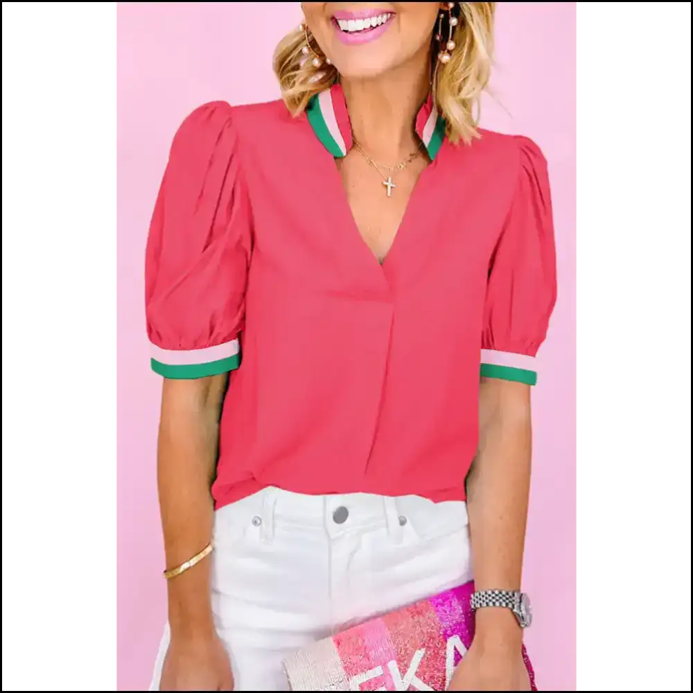 Pink Stripe Puff Sleeve Blouse Queen Vibes - Bright / s - Blouses