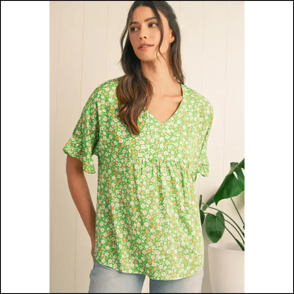 Green Floral Ruffle Sleeve v Neck Blouse: Prepare for Compliments π - Blouses