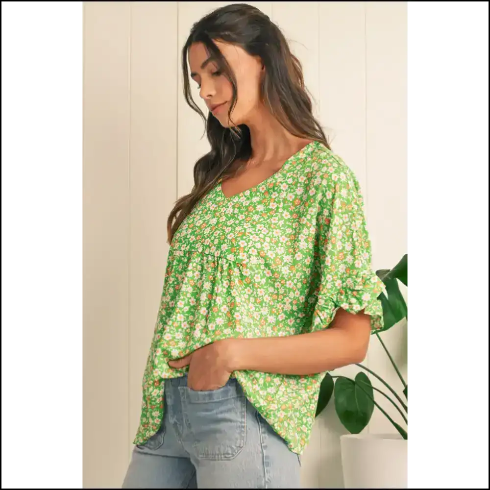 Green Floral Ruffle Sleeve v Neck Blouse: Prepare for Compliments π - Blouses