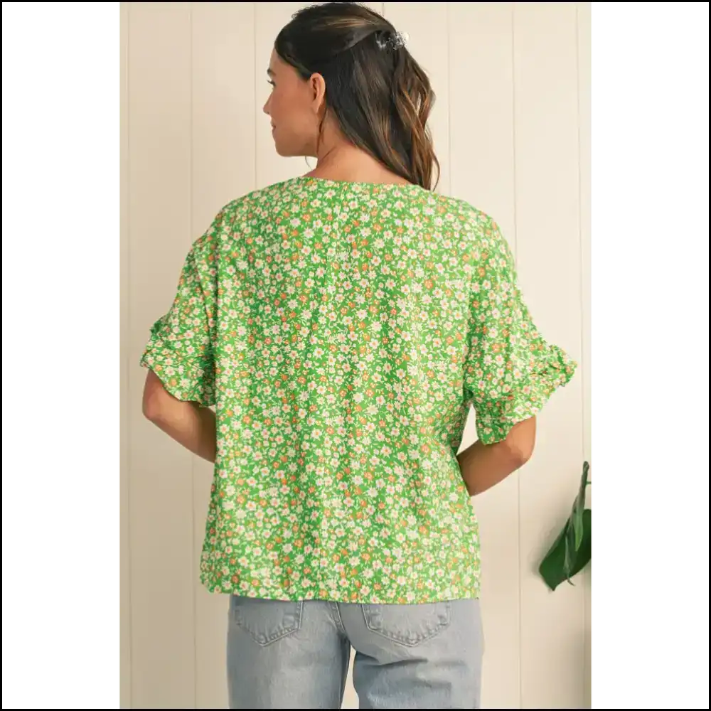 Green Floral Ruffle Sleeve v Neck Blouse: Prepare for Compliments π - Blouses