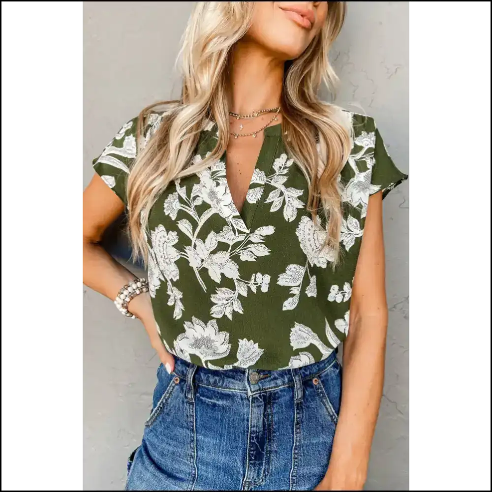 Green Floral Split Neck Blouse my Wardrobe’s Having a Moment - s - Blouses