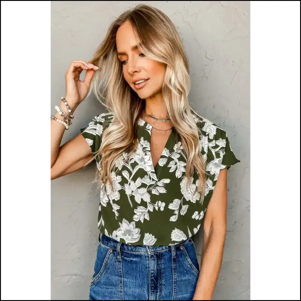 Green Floral Split Neck Blouse my Wardrobe’s Having a Moment - Blouses