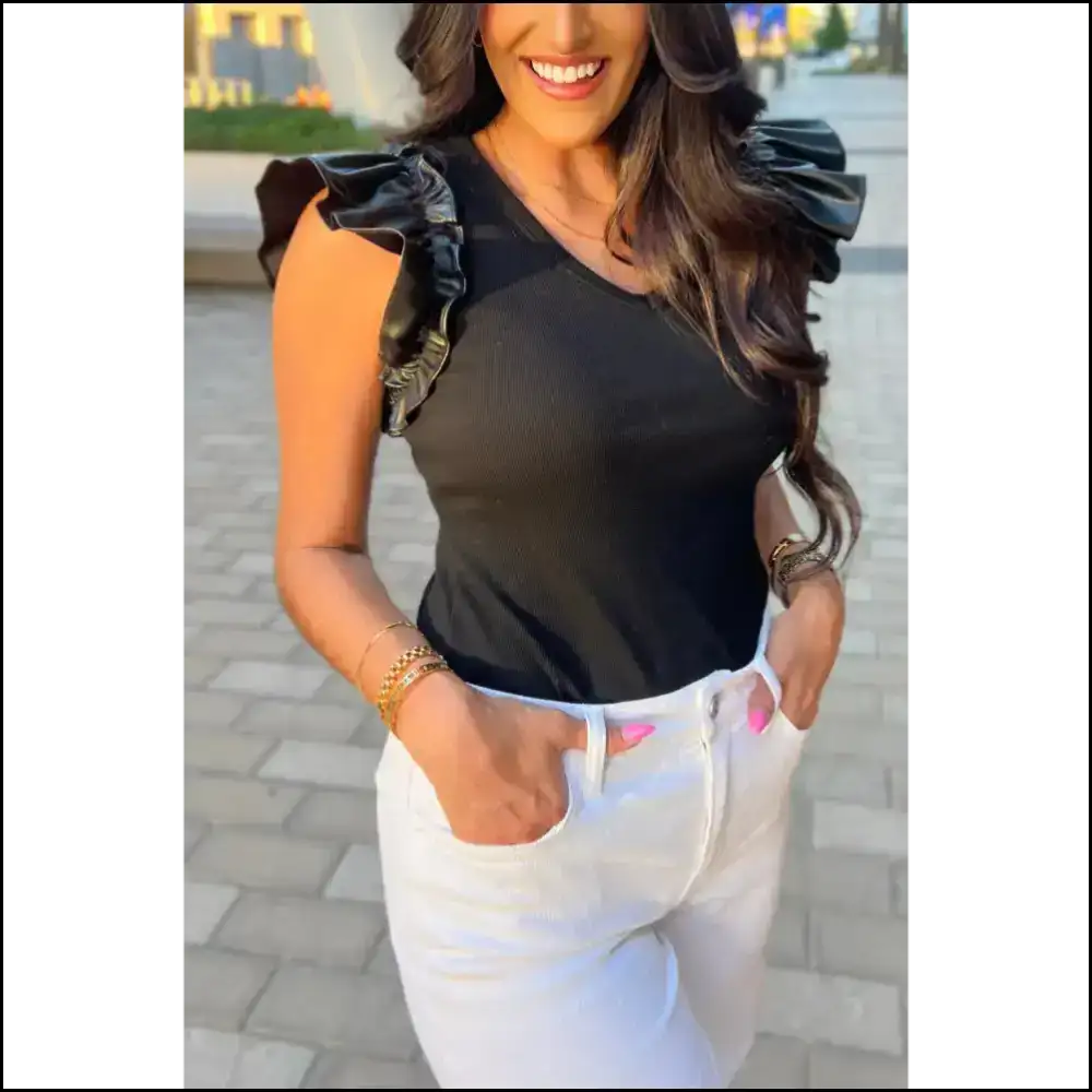 Needful Things: Black Leatherette Ruffle Bodysuit Dangerously Chic 😉 / s