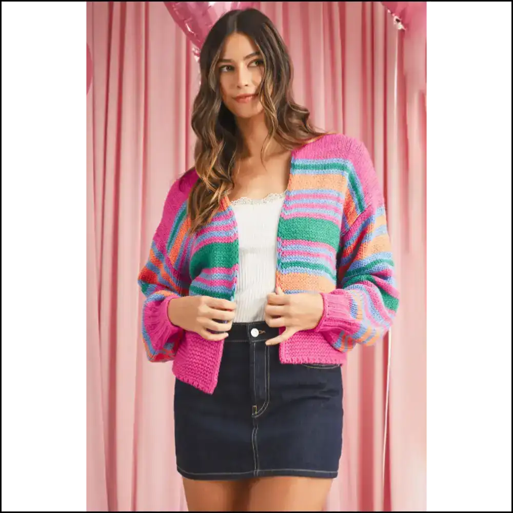 Rose Striped Puff Sleeve Cardigan: Comfy (needful Things) 🌹 / s Cardigans