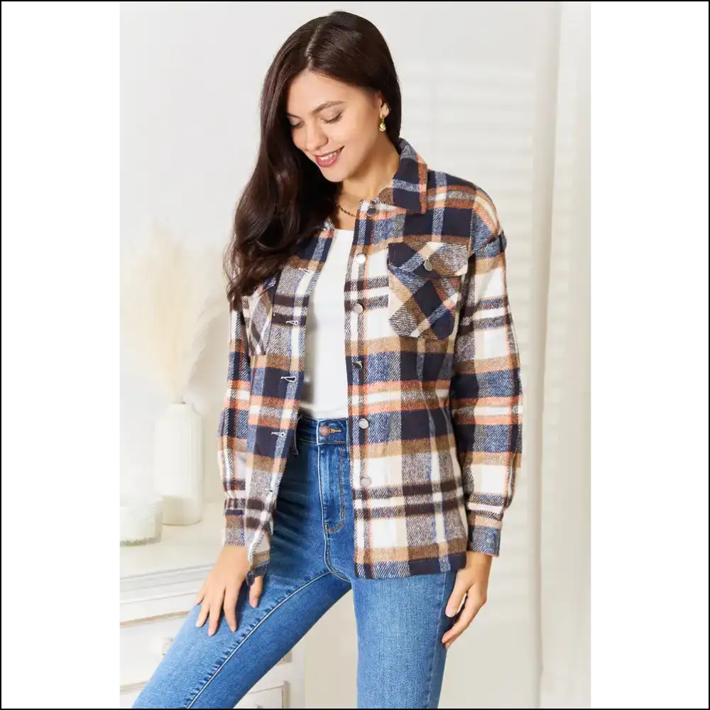 Double Take Plaid Button Front Shirt Jacket Dark Blue / l Coats
