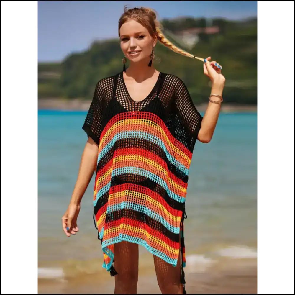 Angel Wings Cutout Striped Cover-up with Tassel - Black / one Size - Cover-ups