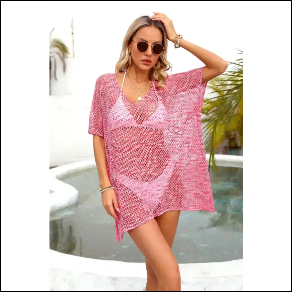 Angel Wings Openwork V-neck Half Sleeve Cover Up - Hot Pink / one Size - Cover-ups