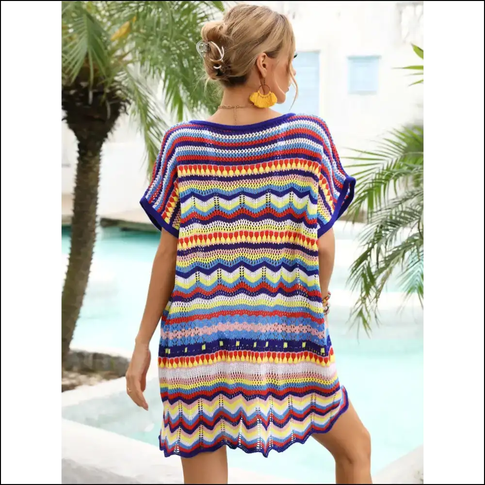 Angel Wings Rainbow Stripe Scalloped V-neck Cover-up Dress - Cover-ups