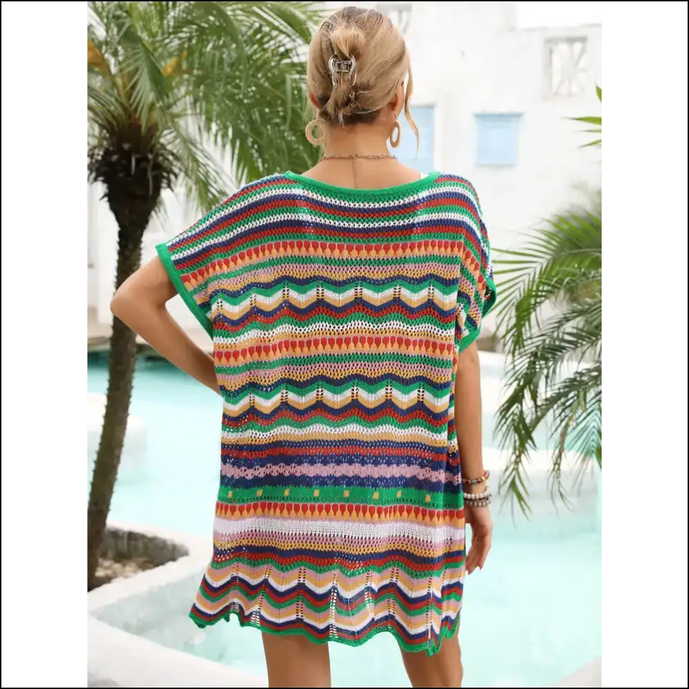 Angel Wings Rainbow Stripe Scalloped V-neck Cover-up Dress - Cover-ups