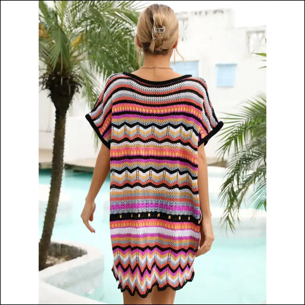 Angel Wings Rainbow Stripe Scalloped V-neck Cover-up Dress - Cover-ups