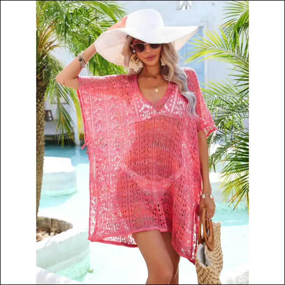 Angel Wings Slit Openwork V-neck Cover Up - Hot Pink / one Size - Cover-ups