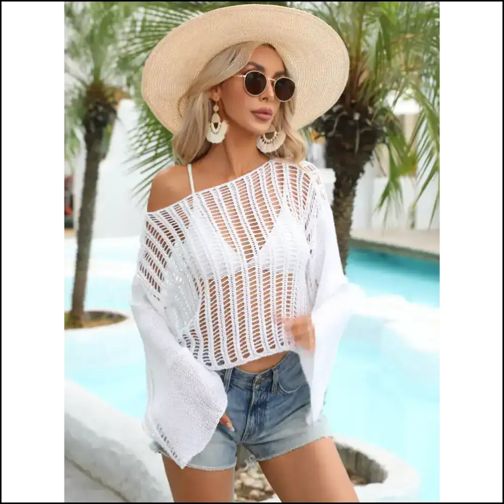 Chic Openwork Boat Neck Long Sleeve Cover Up - Cover-ups