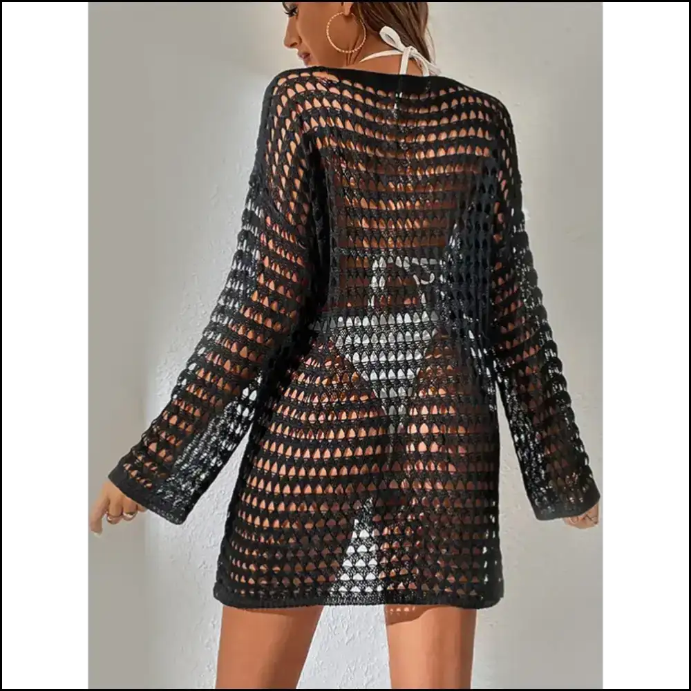 Chic Openwork Boat Neck Long Sleeve Cover-up - Cover-ups