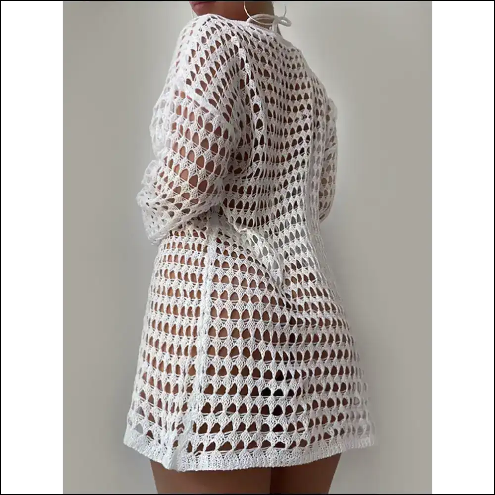 Chic Openwork Boat Neck Long Sleeve Cover-up - Cover-ups