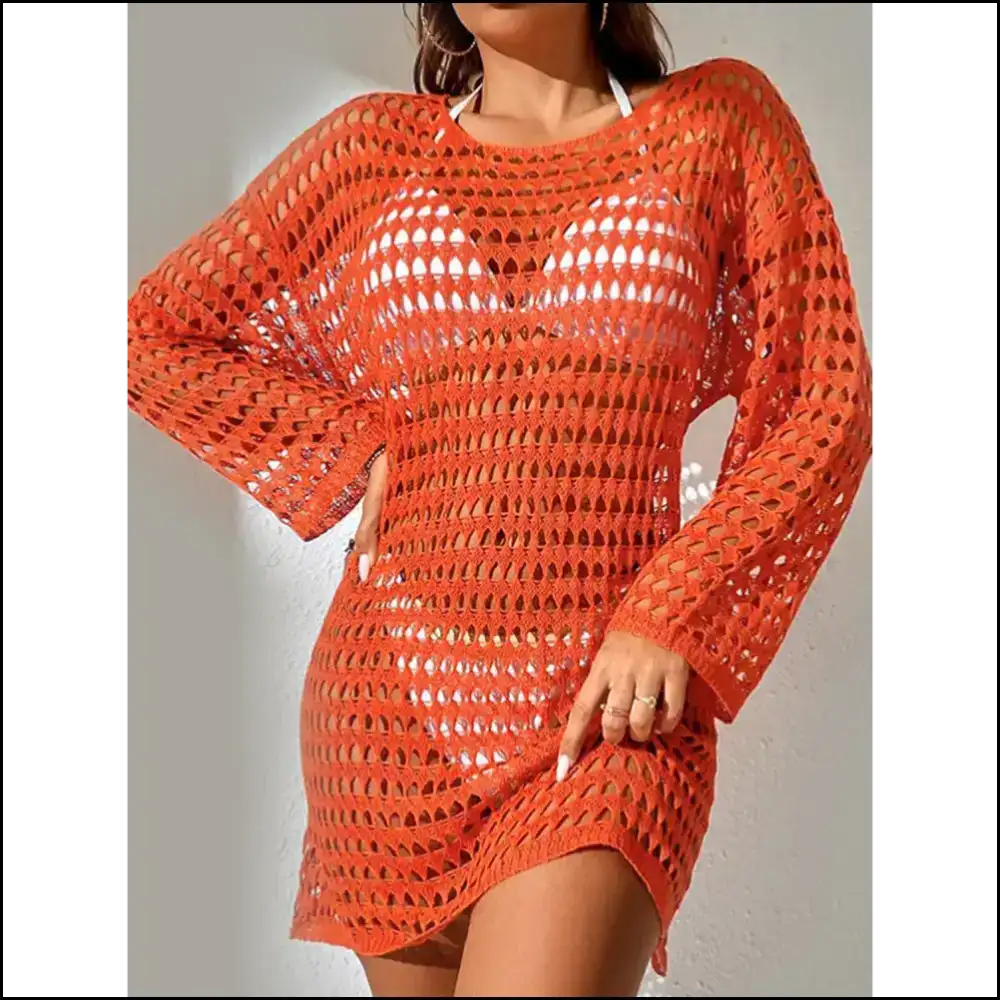 Chic Openwork Boat Neck Long Sleeve Cover-up - Orange / one Size - Cover-ups