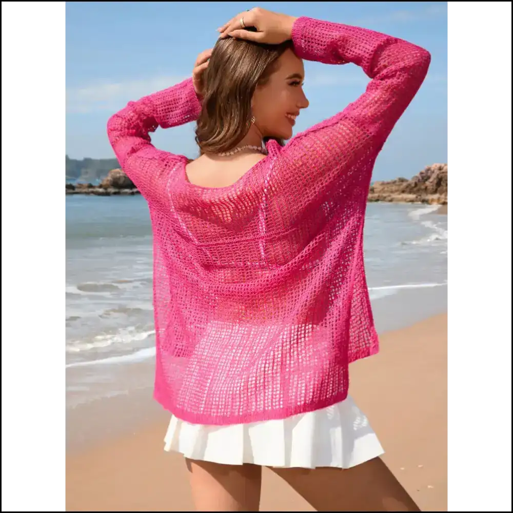 Chic Openwork Slit Boat Neck Long Sleeve Cover-up - Cover-ups