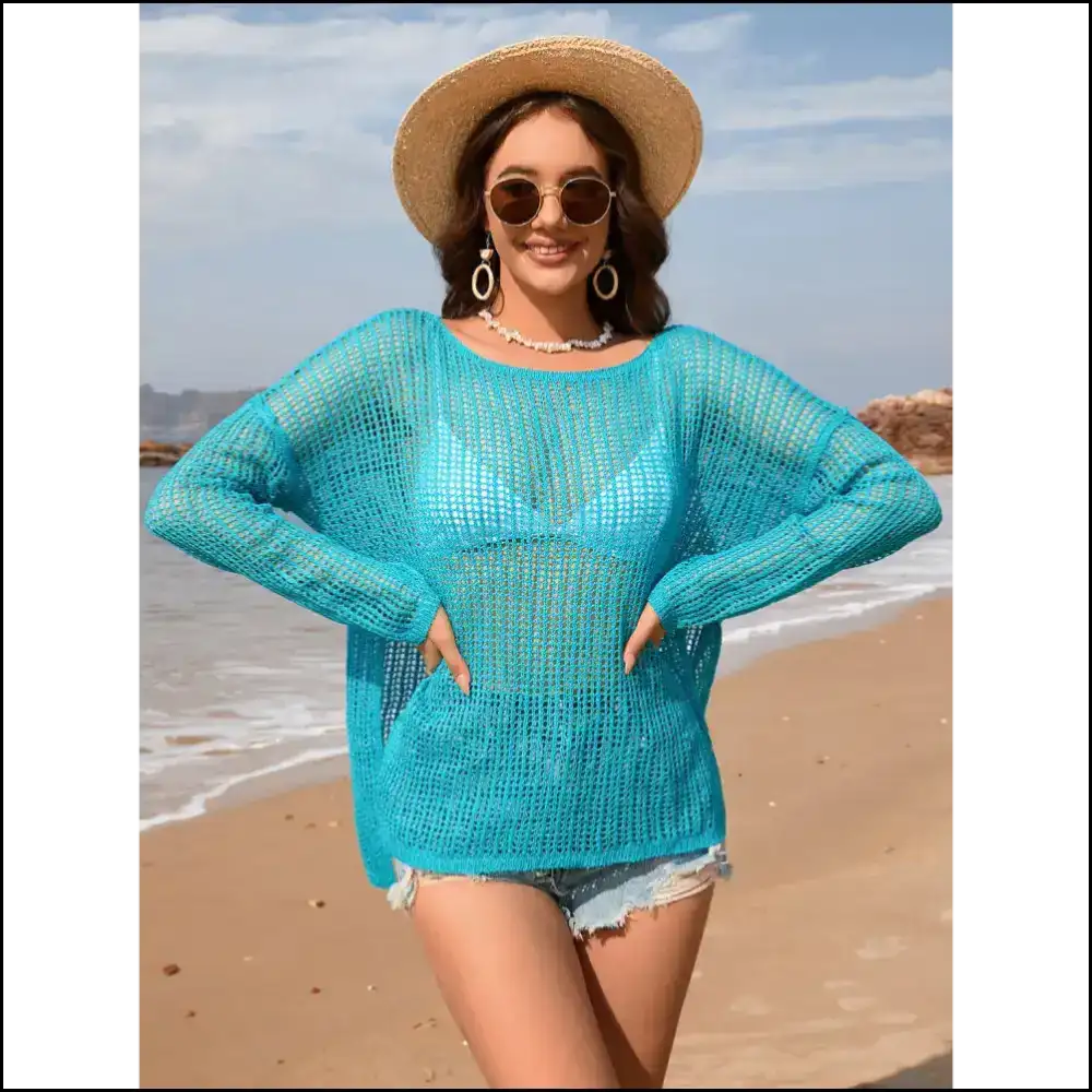 Chic Openwork Slit Boat Neck Long Sleeve Cover-up - Aqua / m - Cover-ups