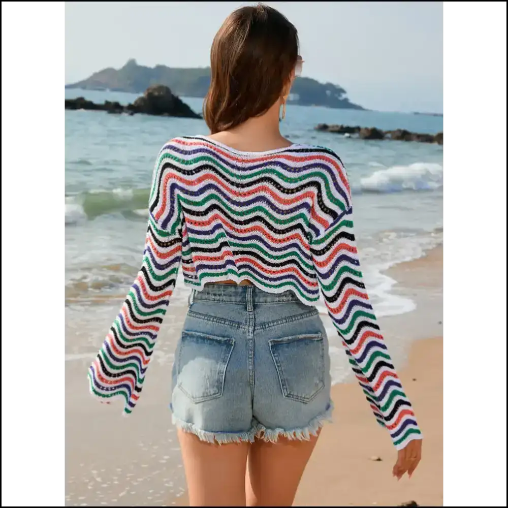 Chic Striped Boat Neck Long Sleeve Cover Up - Cover-ups