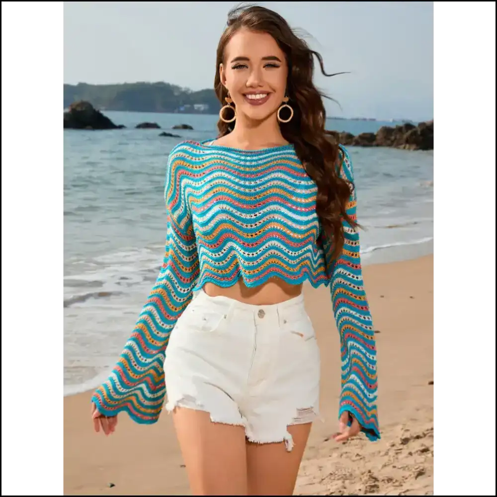 Chic Striped Boat Neck Long Sleeve Cover Up - Light Blue / s - Cover-ups