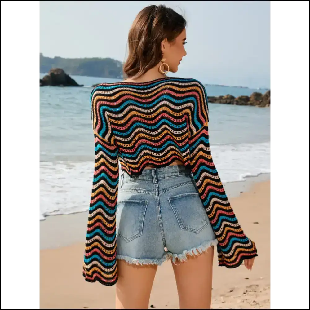 Chic Striped Boat Neck Long Sleeve Cover Up - Cover-ups