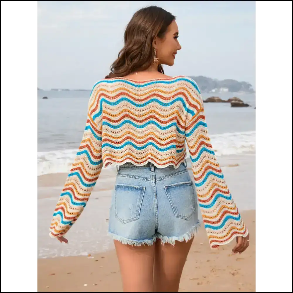Chic Striped Boat Neck Long Sleeve Cover Up - Cover-ups