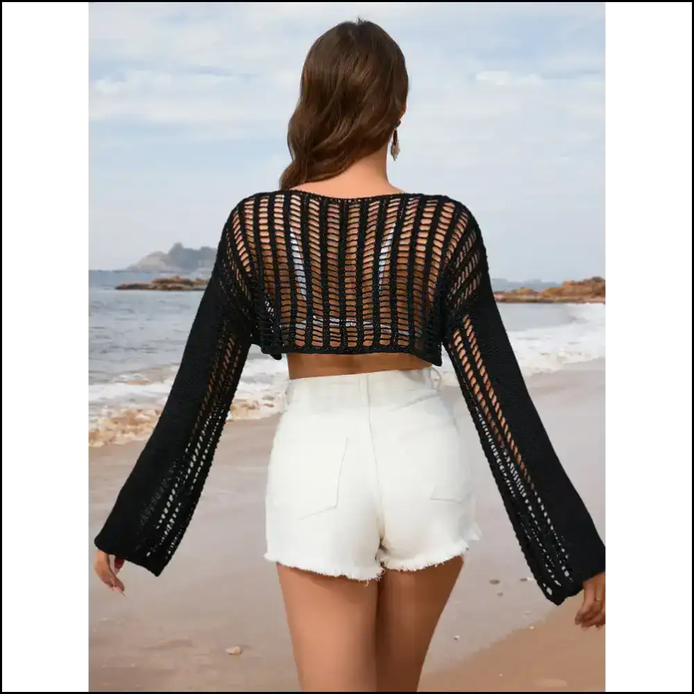 Openwork Boat Neck Long Sleeve Cover-up - Cover-ups