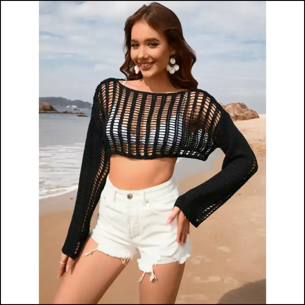 Openwork Boat Neck Long Sleeve Cover-up - Black / s - Cover-ups