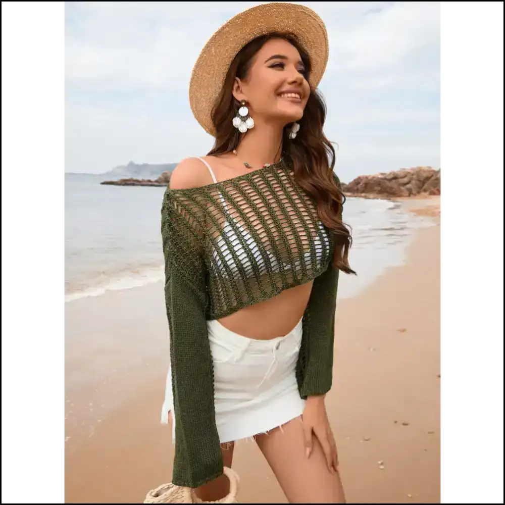 Openwork Boat Neck Long Sleeve Cover-up - Cover-ups