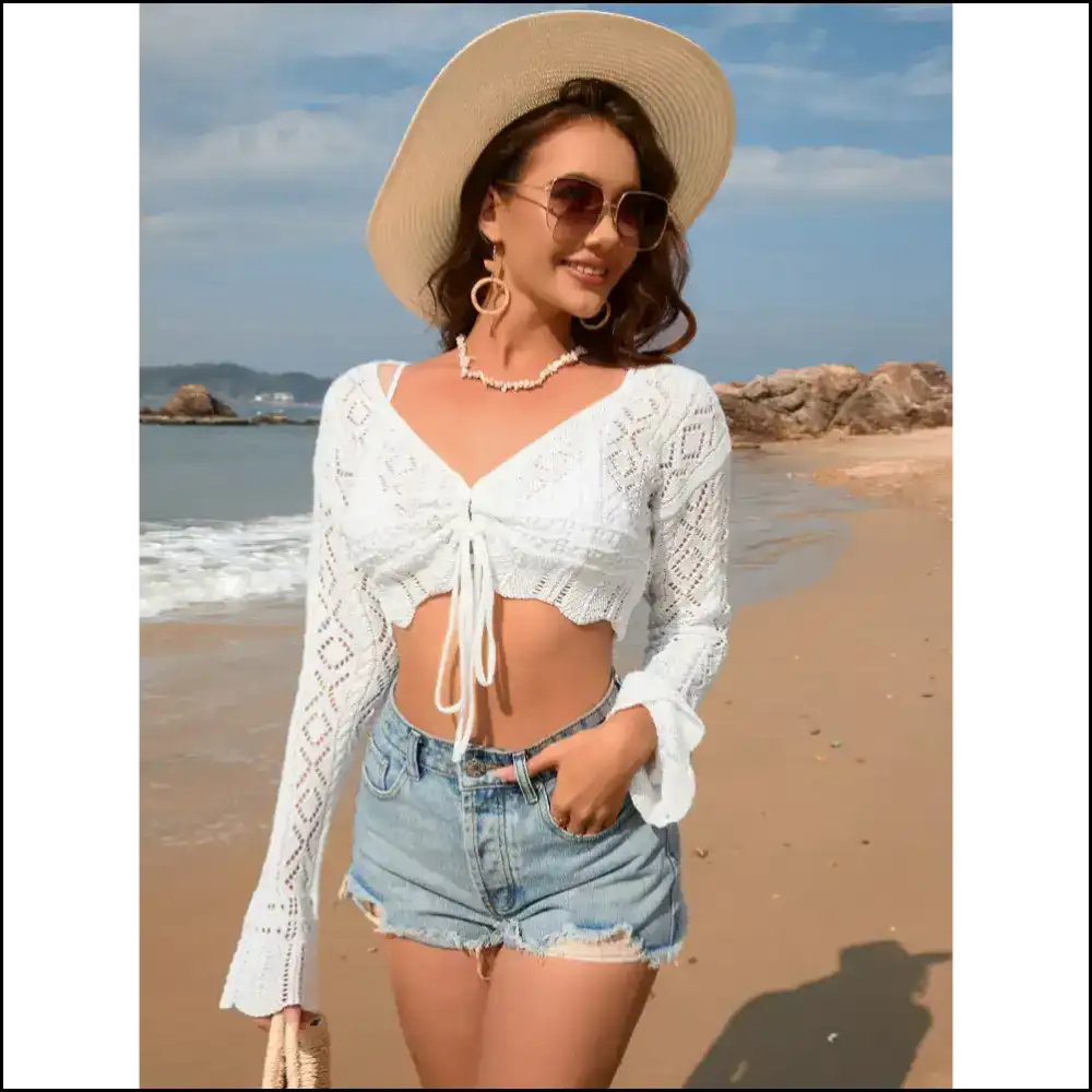 Chic Drawstring Openwork Long Sleeve Cover-up - Cover-ups