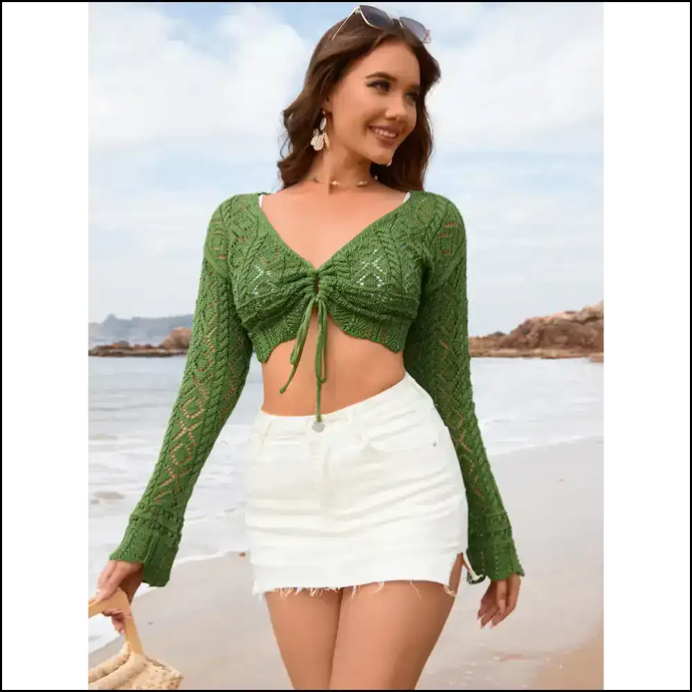 Chic Drawstring Openwork Long Sleeve Cover-up - Green / Xl - Cover-ups