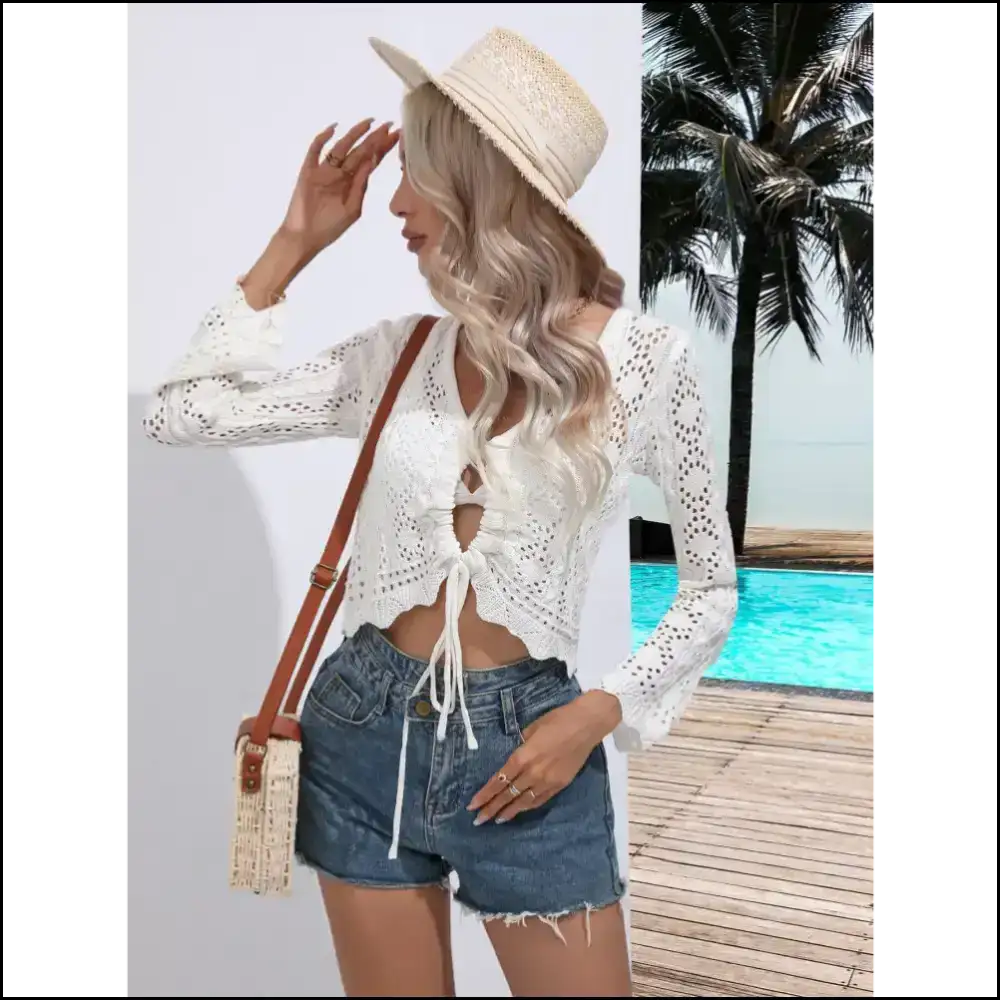 Say Bye to Awkward Tan Lines with our Chic Drawstring V-neck Cover-up! 🌊✨ - Cover-ups