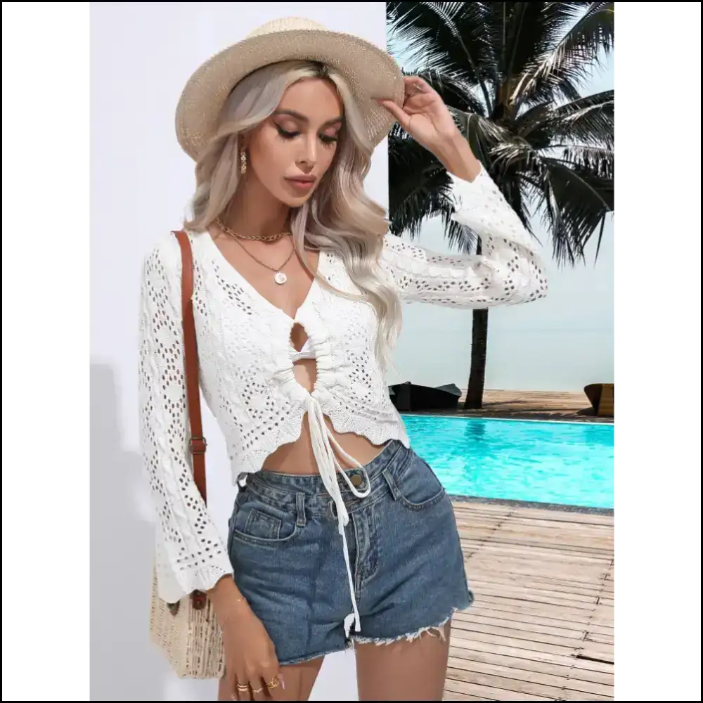Say Bye to Awkward Tan Lines with our Chic Drawstring V-neck Cover-up! 🌊✨ - Cover-ups