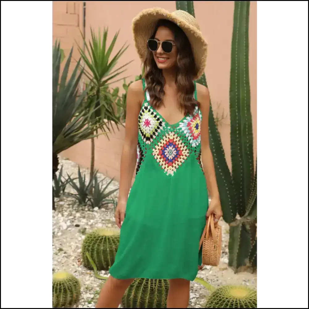 Unleash your Inner Diva with our Chic Geometric V-neck Cover Up Dress! 💃✨ - Green / one Size - Cover-ups