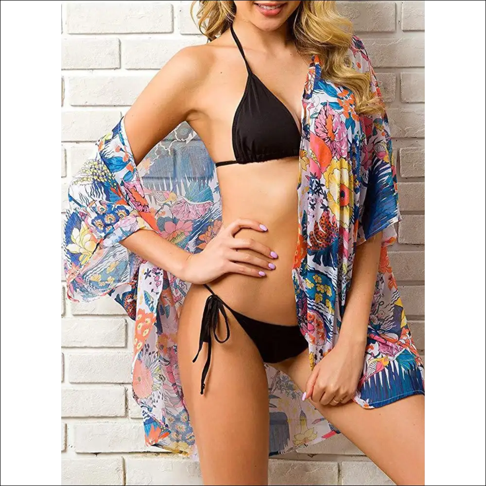 Chic Open Front Half Sleeve Cover-up - Multicolor / L/xl - Cover-ups