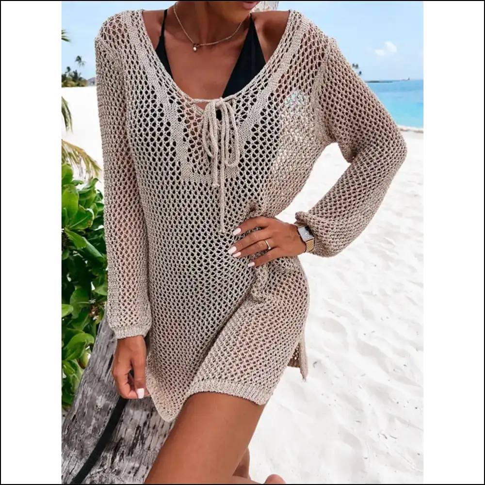 Chic Openwork Tie Neck Cover-up - Khaki / Xl - Cover-ups