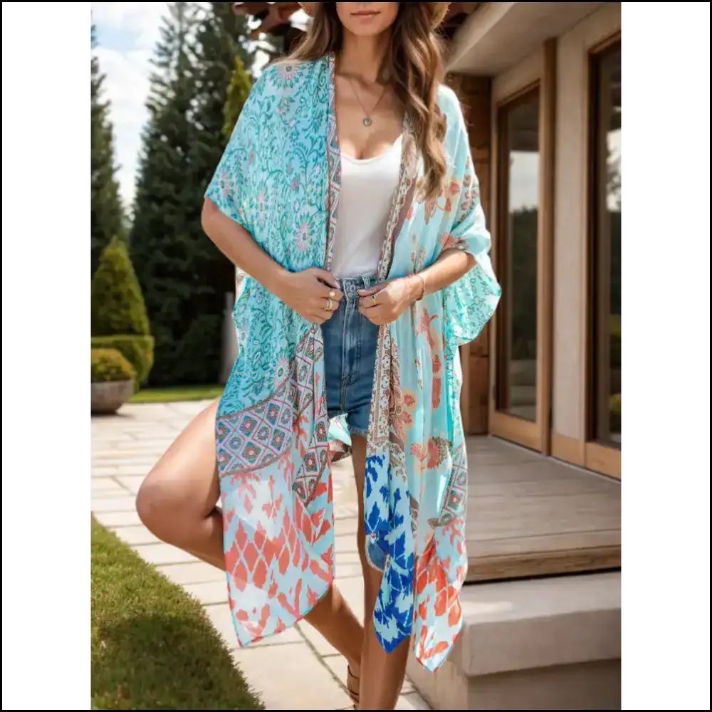 Chic Printed Open Front Cover-up - Light Blue / one Size - Cover-ups