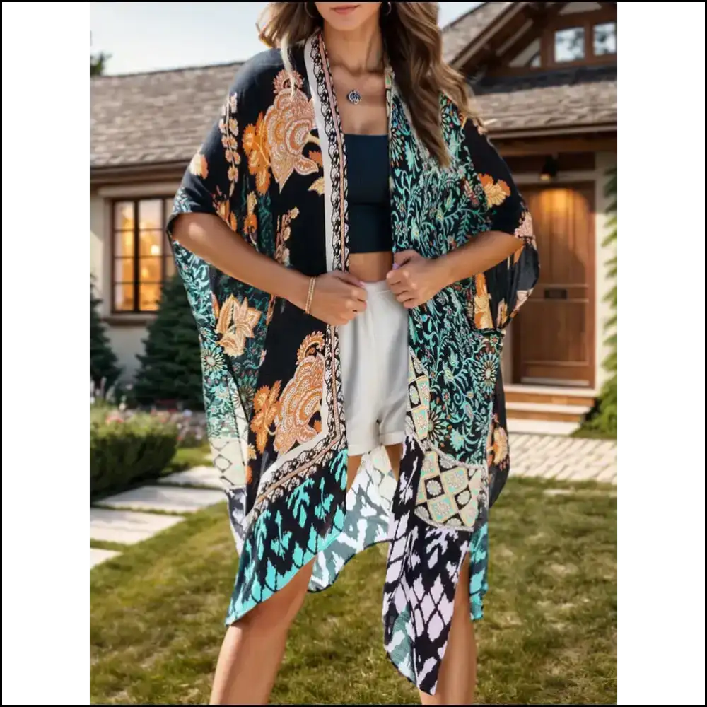 Chic Printed Open Front Cover-up - Black / one Size - Cover-ups