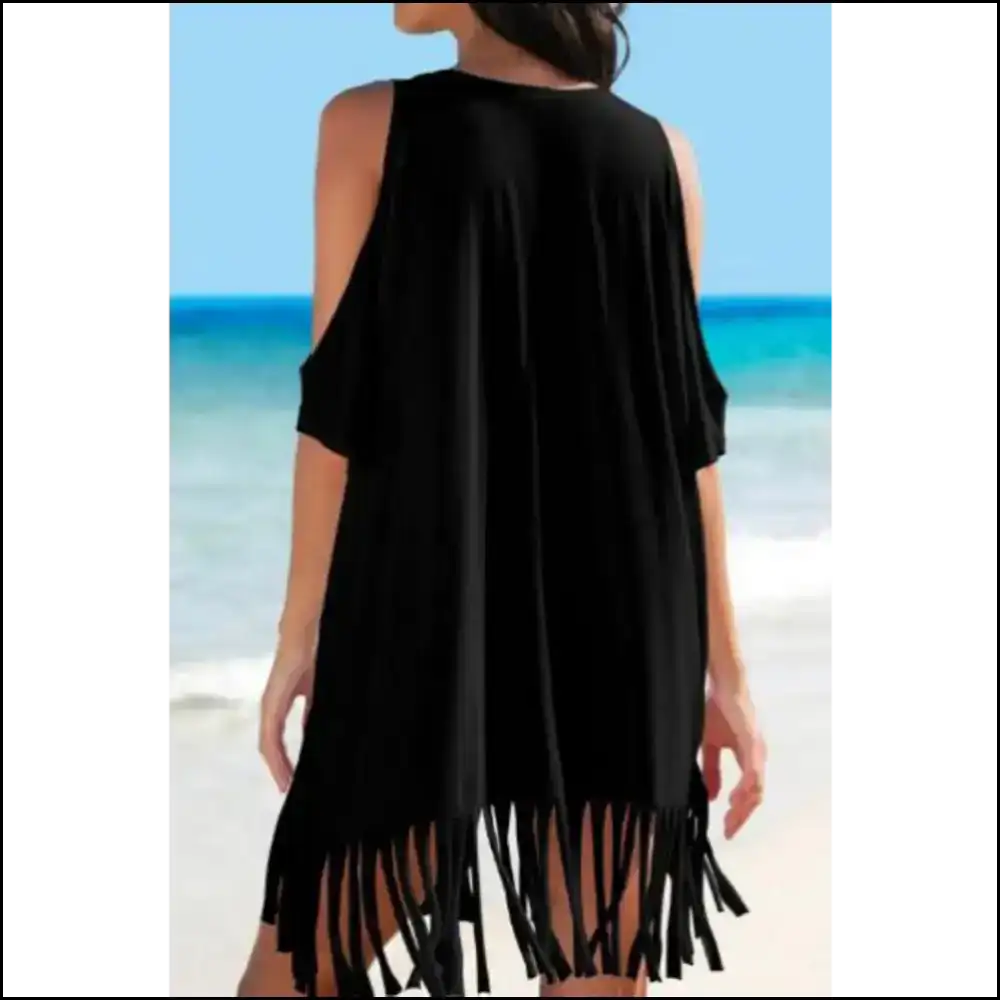 Fringe V-neck Cold Shoulder Cover Up - Cover-ups