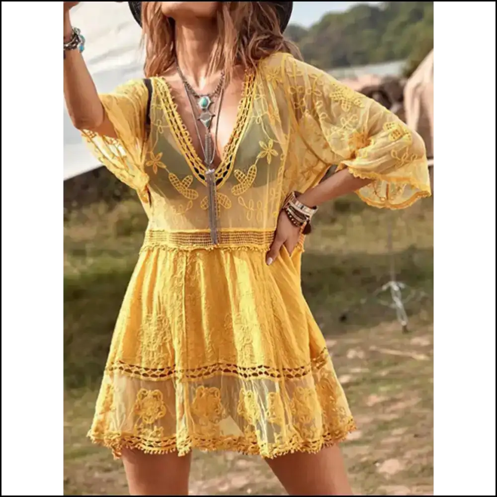 Lace Detail Plunge Cover-up Dress - Cover-ups